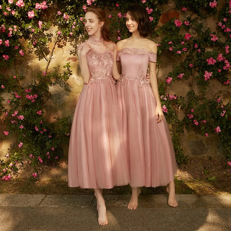 Bridesmaid dress women new winter pink mid-length evening dress banquet sisters group fairy temperament is particularly thin