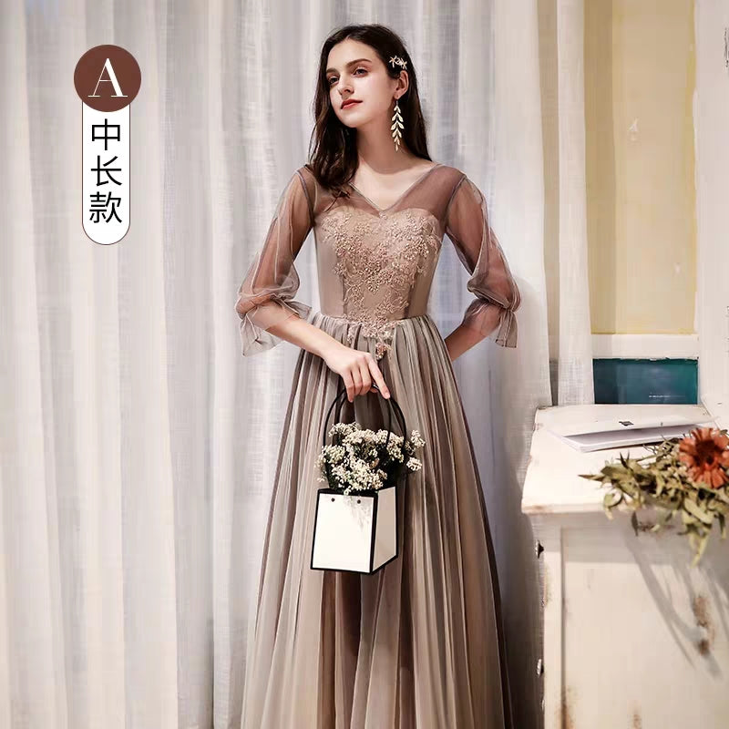 Bridesmaid dress female autumn and winter long-sleeved sister group coffee color evening dress 2019 new temperament long banquet dress