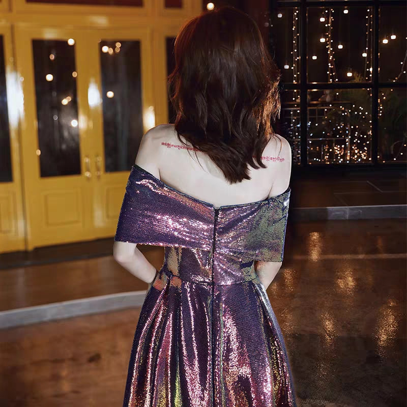 Banquet evening dress new autumn and winter high quality one word shoulder long paragraph sequins host dress skirt female