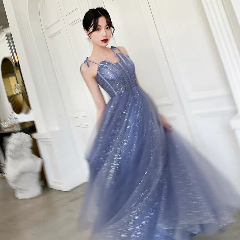 Banquet evening dress new temperament blue sling long starry sky dream party dress dress female