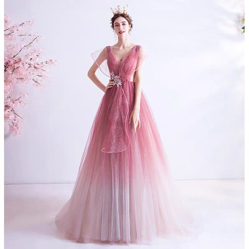Wedding Gown Fairy-hearted Pink Gradient Starry Skirt Bride Wedding Banquet Annual Party Evening Dress 168