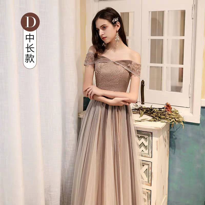 Bridesmaid dress female autumn and winter long-sleeved sister group coffee color evening dress 2019 new temperament long banquet dress