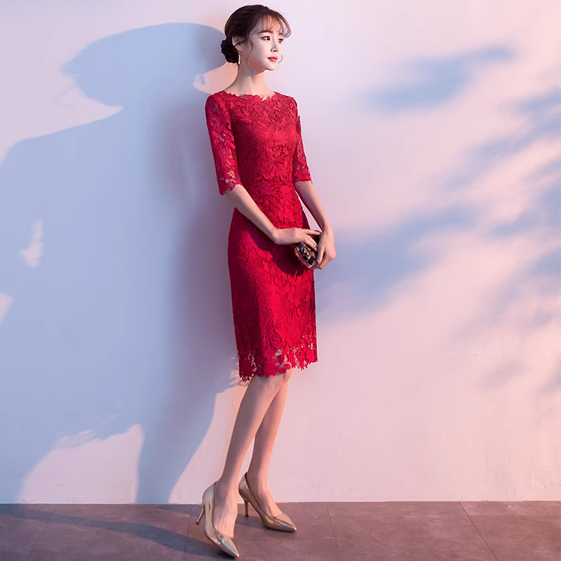 EG-SALE-AME-00123 Bride toast dress wine red can be worn at ordinary times wedding dress female engagement return door dress lace mid-length