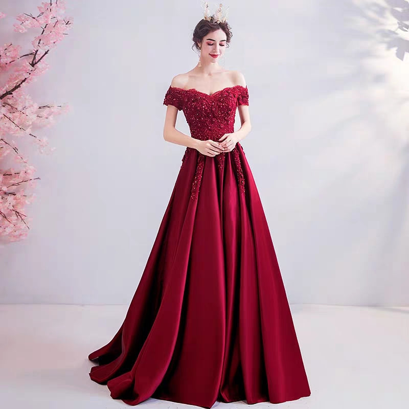 Wedding dress crystal diamond flower wine red bride wedding toast clothing wedding thank you feast wedding evening dress 2381