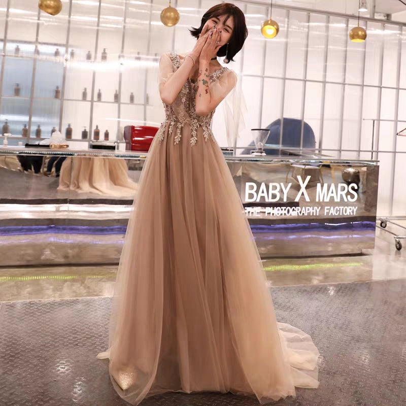 Banquet evening dress long section winter champagne dream show host dress birthday party dress female