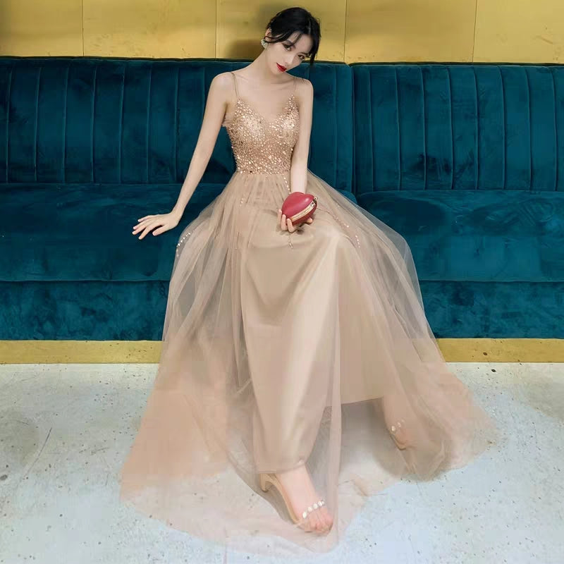 Banquet dress female long section new temperament champagne color noble birthday party dress dress host