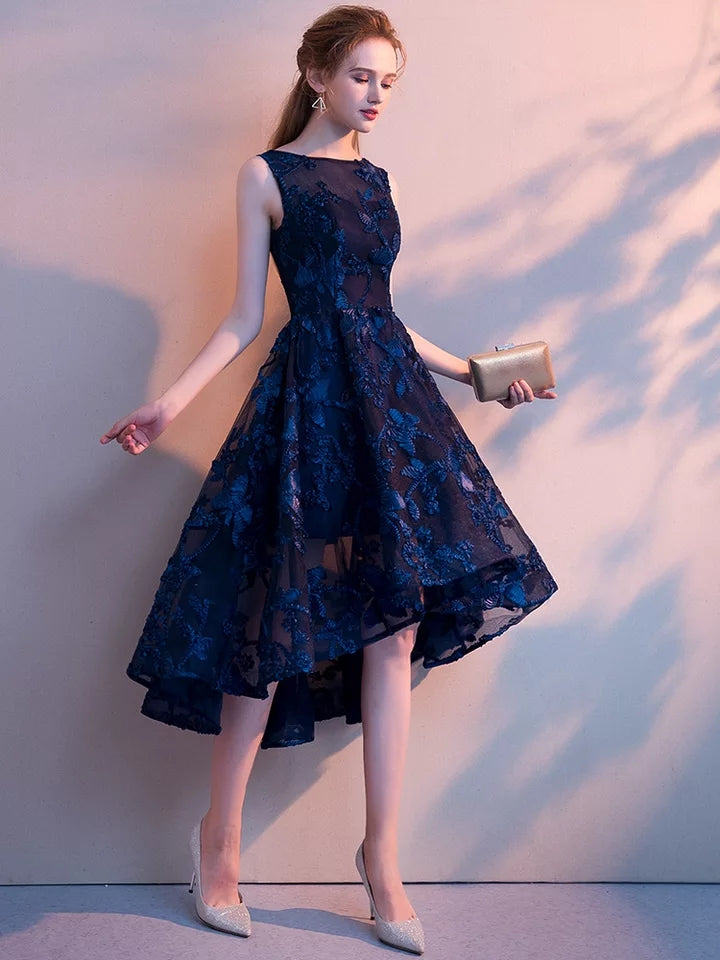 Elegant Navy blue Appliques high low Long Evening Dresses prom gowns special occasion Formal Party dress vestido de festa