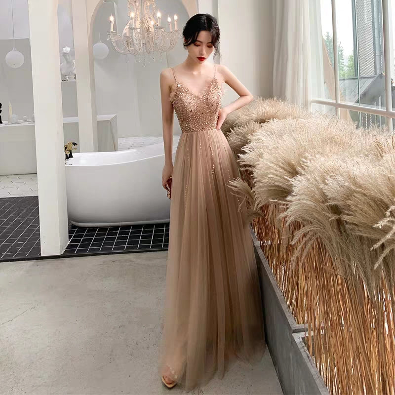 Banquet dress female long section new temperament champagne color noble birthday party dress dress host