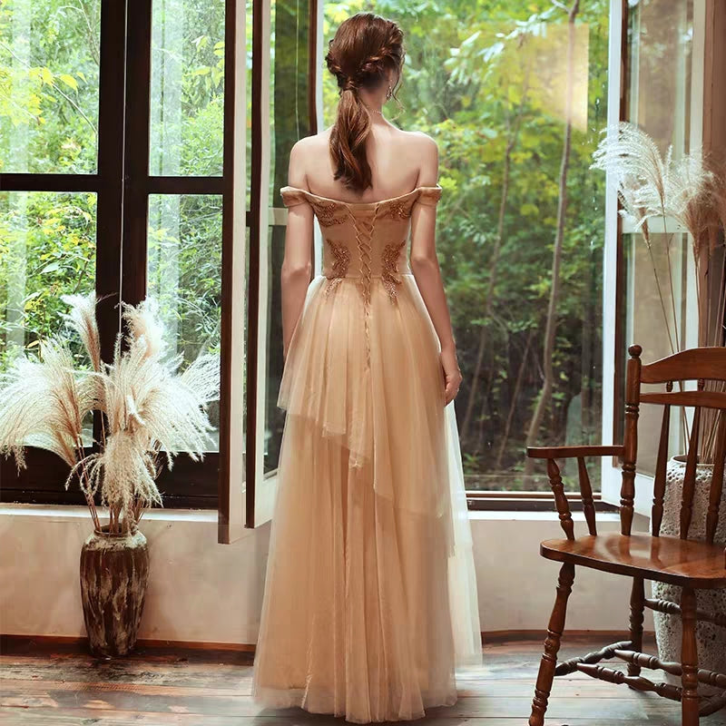 Atmospheric evening dress skirt female new banquet fashion temperament host dress sexy word shoulder long section