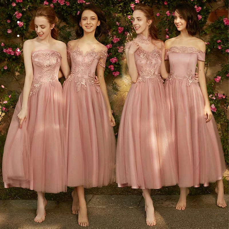 Bridesmaid dress women new winter pink mid-length evening dress banquet sisters group fairy temperament is particularly thin