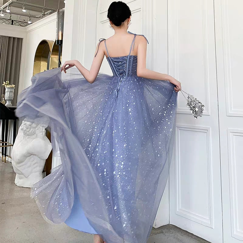 Banquet evening dress new temperament blue sling long starry sky dream party dress dress female