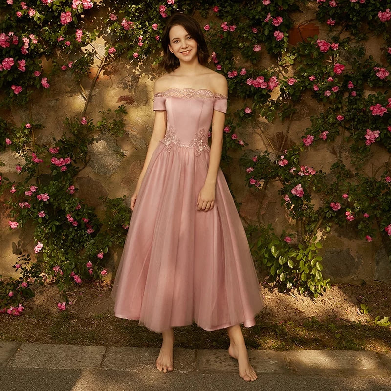Bridesmaid dress women new winter pink mid-length evening dress banquet sisters group fairy temperament is particularly thin