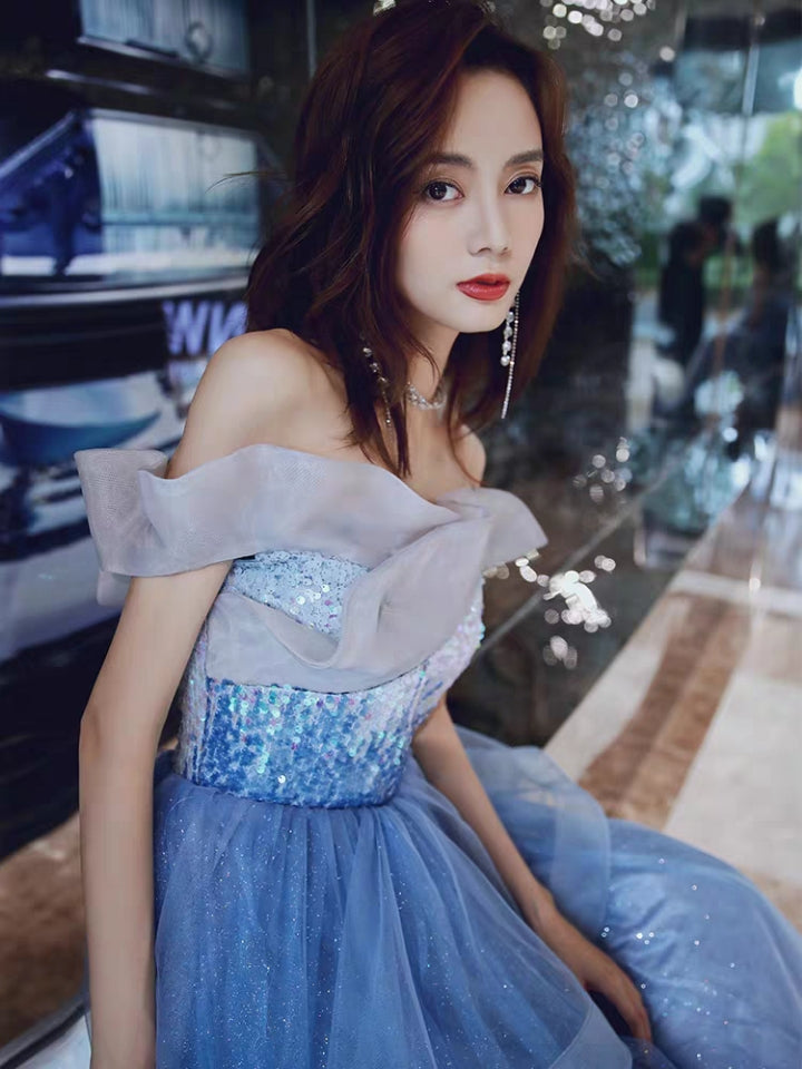 Banquet evening dress new winter temperament blue fairy long paragraph word shoulder sequins annual meeting dress skirt female