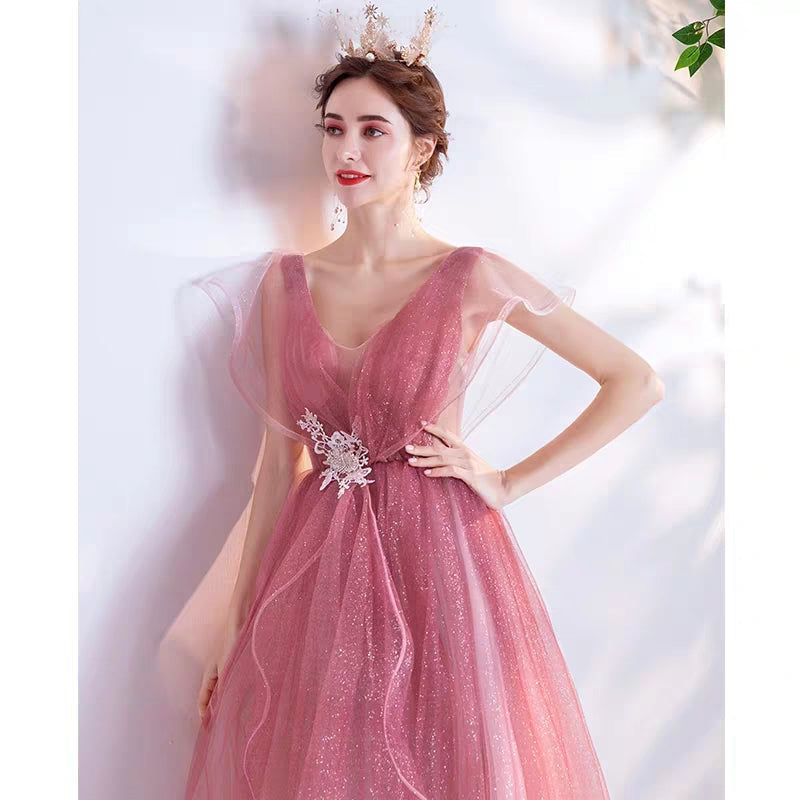 Wedding Gown Fairy-hearted Pink Gradient Starry Skirt Bride Wedding Banquet Annual Party Evening Dress 168
