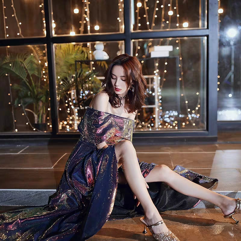 Banquet evening dress new autumn and winter high quality one word shoulder long paragraph sequins host dress skirt female