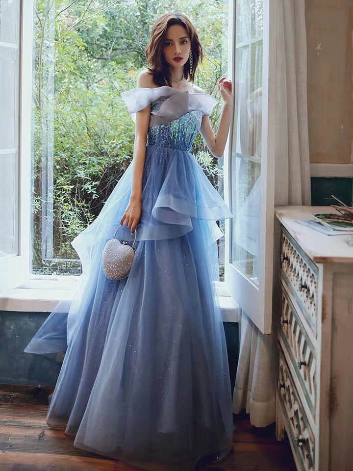 Banquet evening dress new winter temperament blue fairy long paragraph word shoulder sequins annual meeting dress skirt female