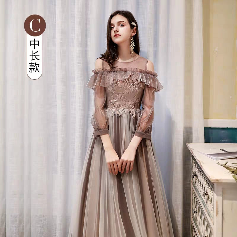 Bridesmaid dress female autumn and winter long-sleeved sister group coffee color evening dress 2019 new temperament long banquet dress