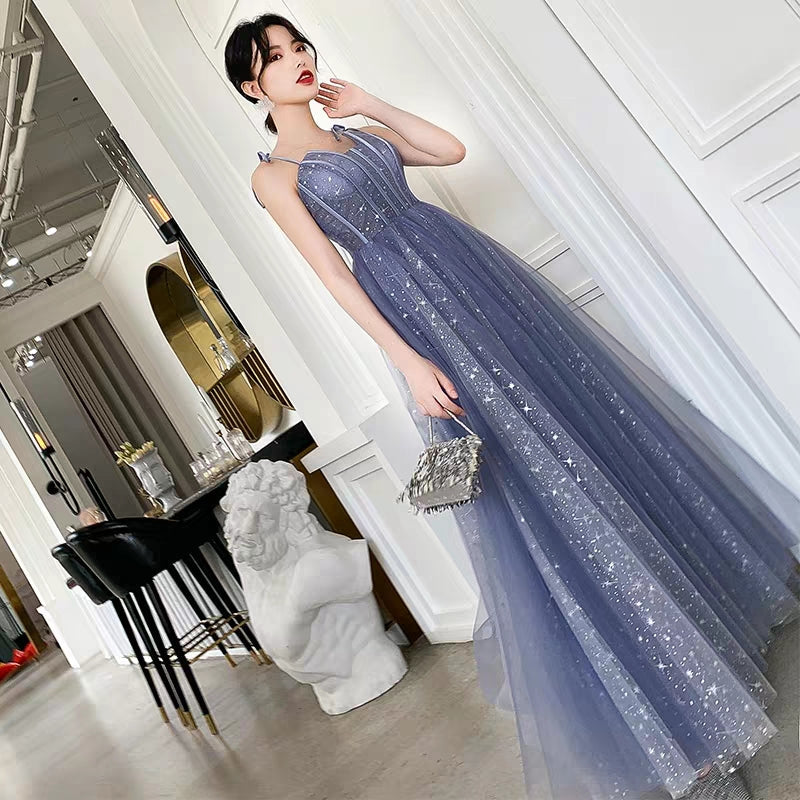 Banquet evening dress new temperament blue sling long starry sky dream party dress dress female