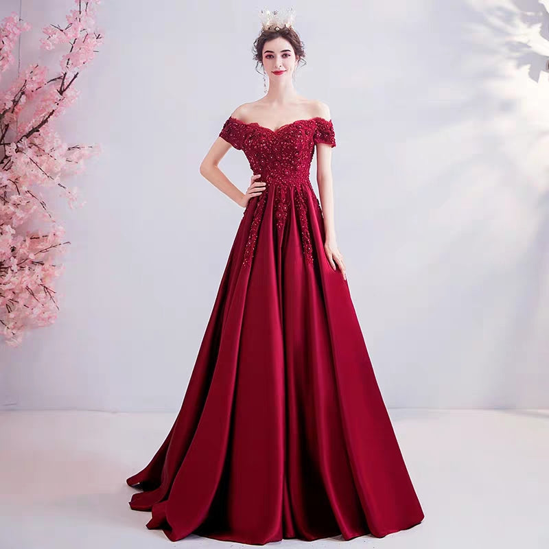Wedding dress crystal diamond flower wine red bride wedding toast clothing wedding thank you feast wedding evening dress 2381