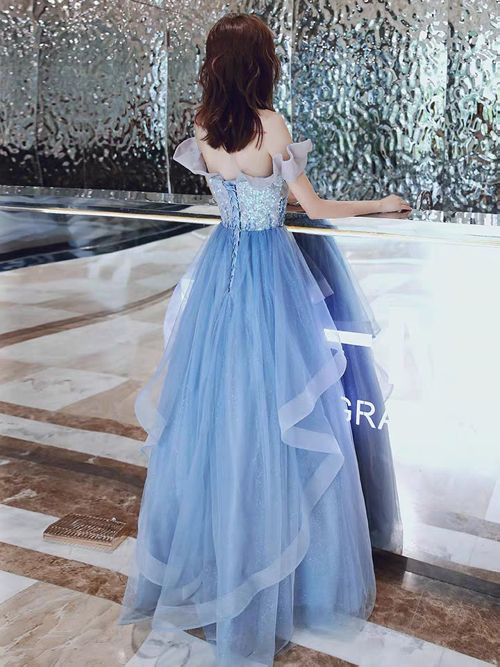 Banquet evening dress new winter temperament blue fairy long paragraph word shoulder sequins annual meeting dress skirt female
