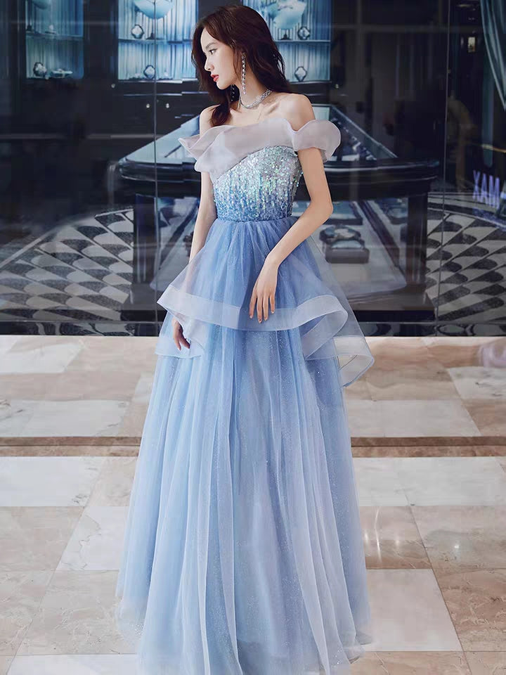 Banquet evening dress new winter temperament blue fairy long paragraph word shoulder sequins annual meeting dress skirt female