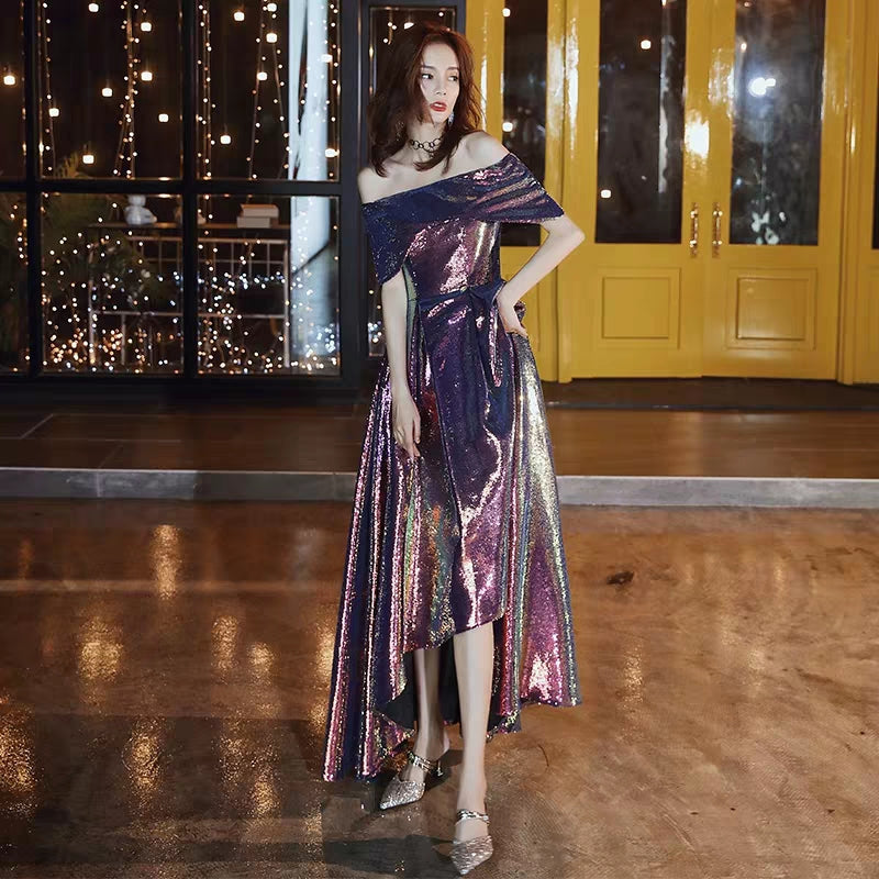 Banquet evening dress new autumn and winter high quality one word shoulder long paragraph sequins host dress skirt female