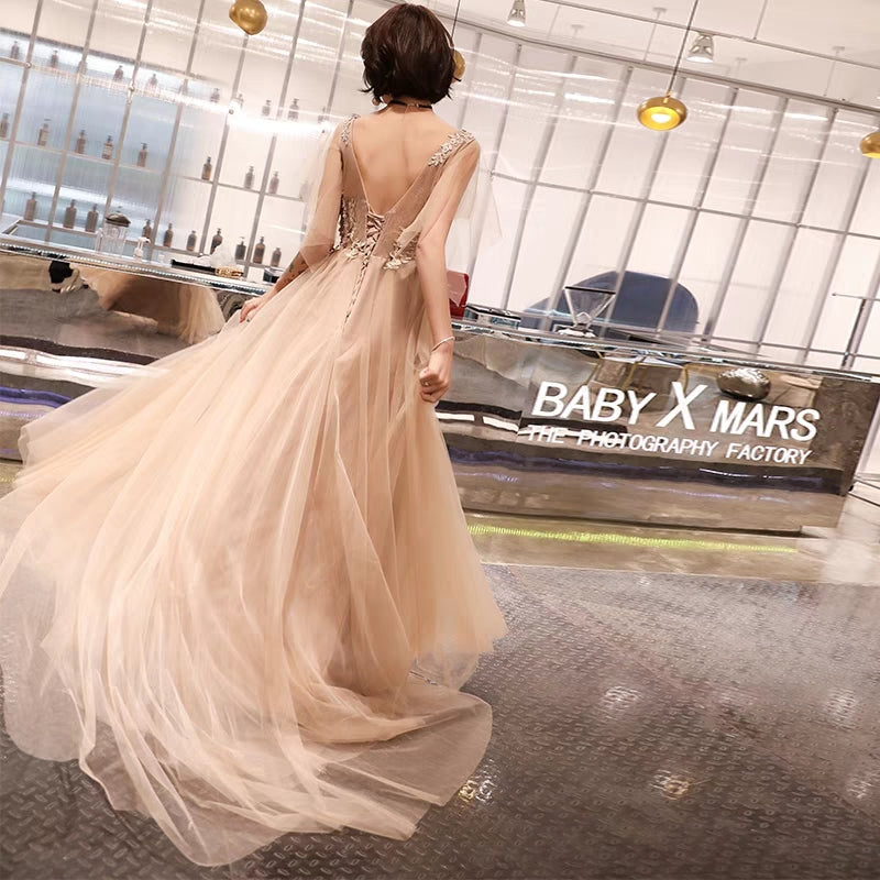 Banquet evening dress long section winter champagne dream show host dress birthday party dress female