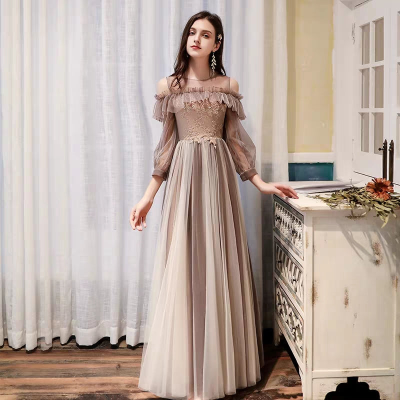 Bridesmaid dress female autumn and winter long-sleeved sister group coffee color evening dress 2019 new temperament long banquet dress