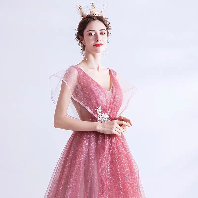 Wedding Gown Fairy-hearted Pink Gradient Starry Skirt Bride Wedding Banquet Annual Party Evening Dress 168