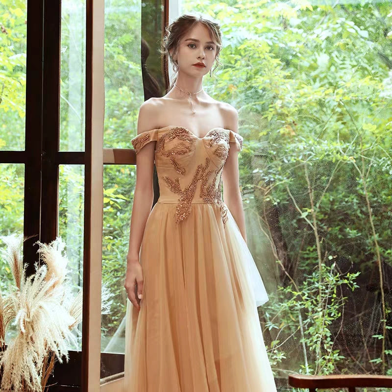 Atmospheric evening dress skirt female new banquet fashion temperament host dress sexy word shoulder long section
