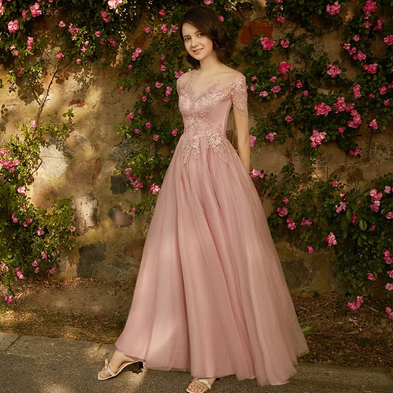 Bridesmaid dress women new winter pink mid-length evening dress banquet sisters group fairy temperament is particularly thin