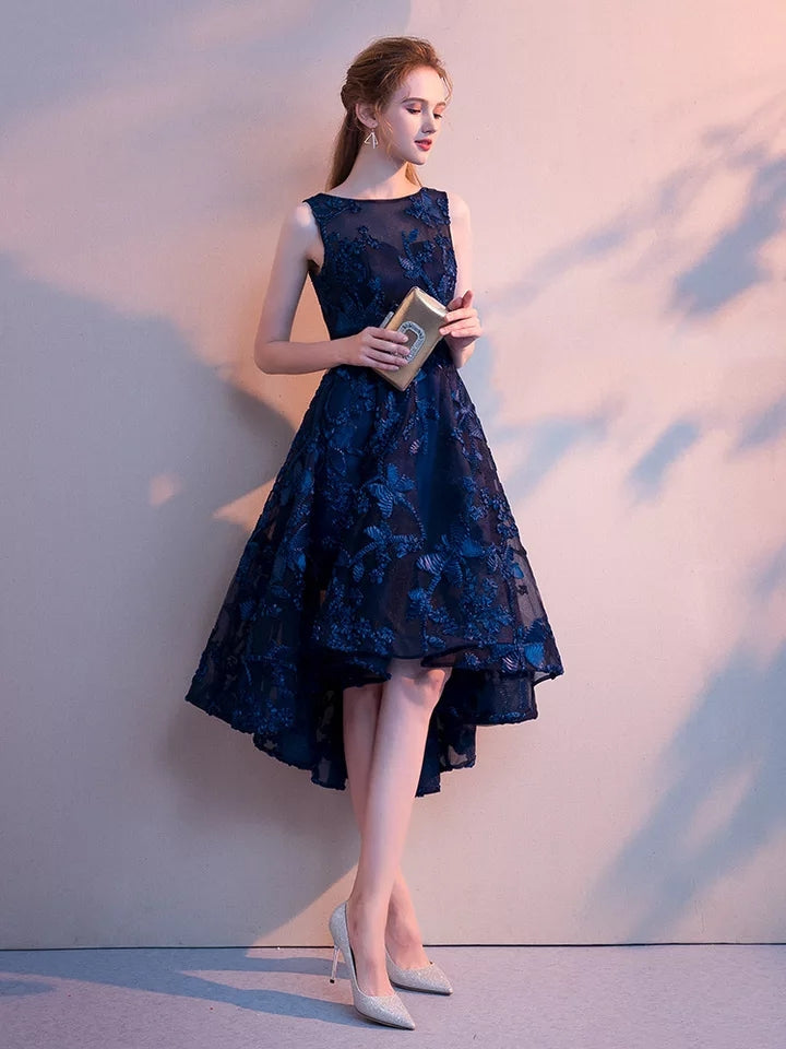 Elegant Navy blue Appliques high low Long Evening Dresses prom gowns s Ame_handmadesg Elegant Navy blue Appliques high low Long Evening Dresses prom gowns s Ame_handmadesg