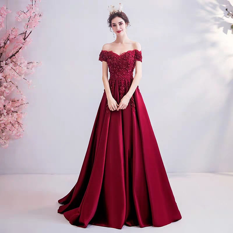 Wedding dress crystal diamond flower wine red bride wedding toast clothing wedding thank you feast wedding evening dress 2381