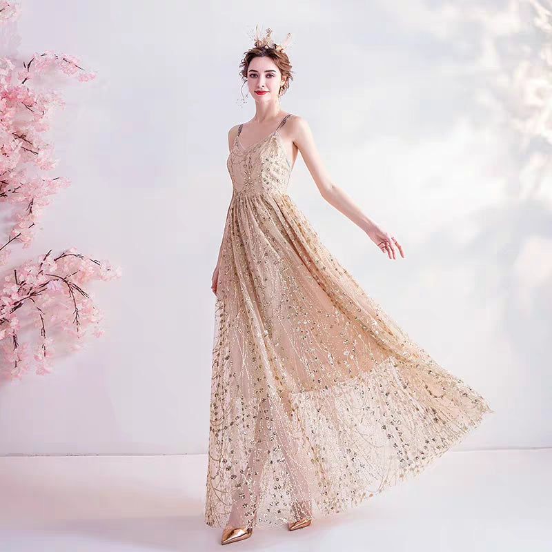 wedding dress sexy shine steam gold bare-back birthday party annual star dress evening dress 1260