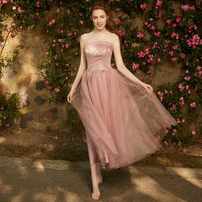 Bridesmaid dress women new winter pink mid-length evening dress banquet sisters group fairy temperament is particularly thin