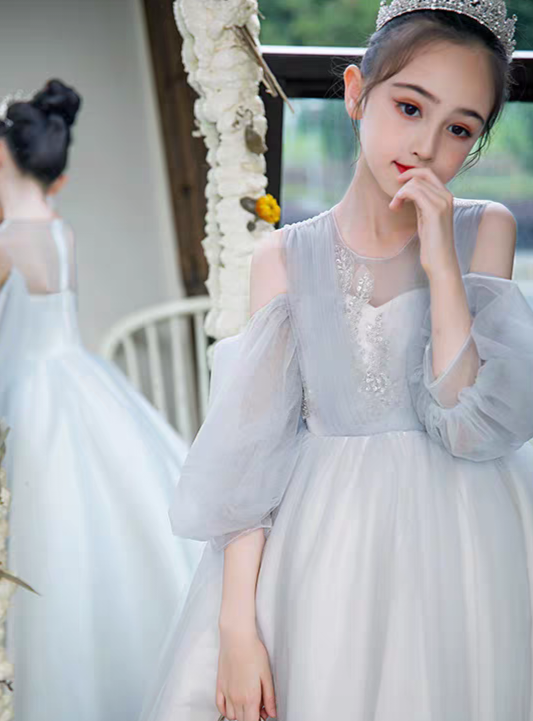Girl in a white tulle dress with sheer sleeves and a beaded bodice wearing a tiara.