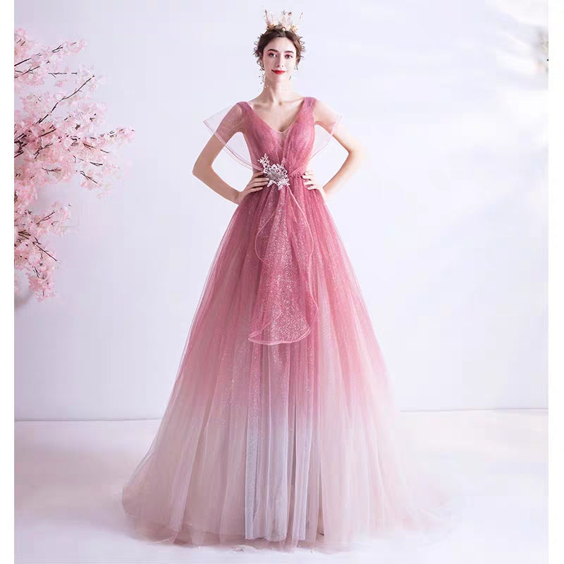 Wedding Gown Fairy-hearted Pink Gradient Starry Skirt Bride Wedding Banquet Annual Party Evening Dress 168