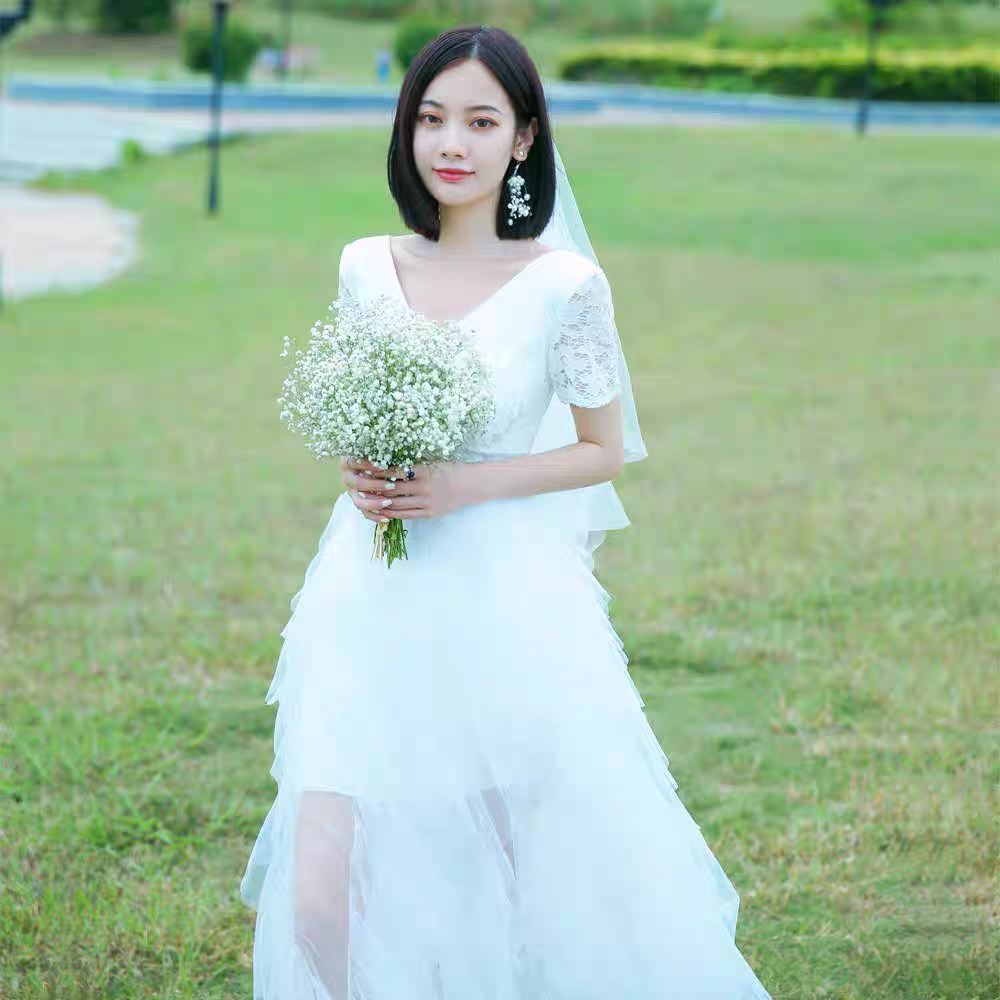 BG-WED-AME-10063 New travel photography light wedding dress forest style slim French style simple bride going out small dress spring