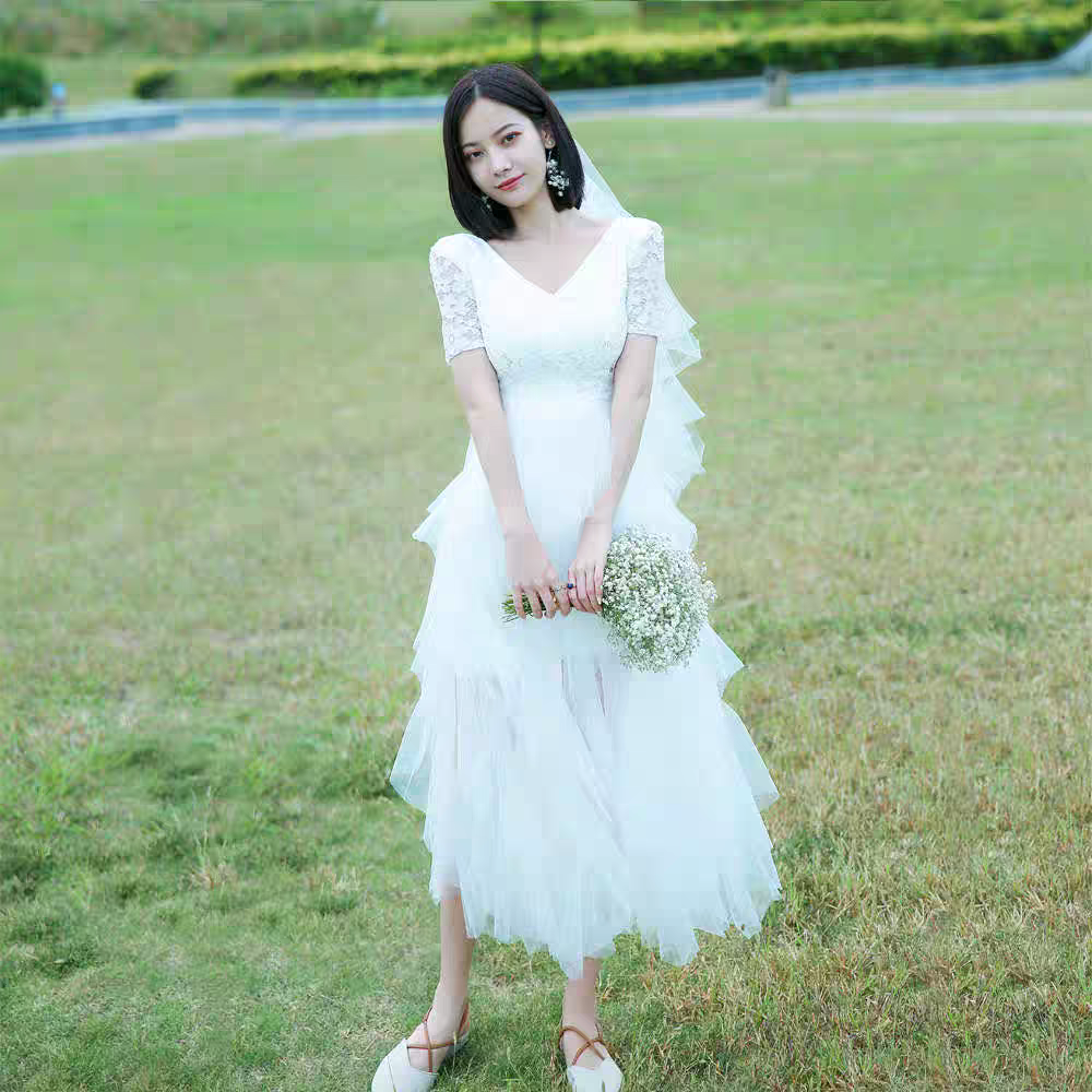 BG-WED-AME-10063 New travel photography light wedding dress forest style slim French style simple bride going out small dress spring