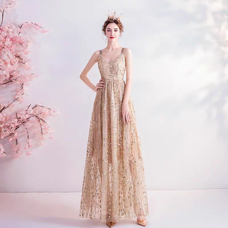 wedding dress sexy shine steam gold bare-back birthday party annual star dress evening dress 1260