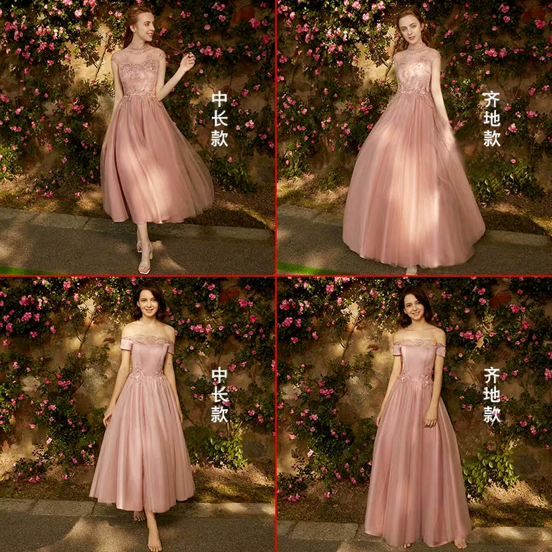 Bridesmaid dress women new winter pink mid-length evening dress banquet sisters group fairy temperament is particularly thin