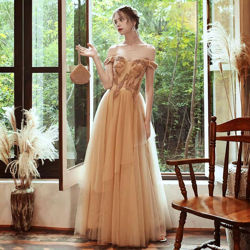 Atmospheric evening dress skirt female new banquet fashion temperament host dress sexy word shoulder long section