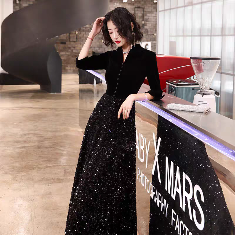EG-SALE-AME-00155 French black evening dress for women new style high-end banquet temperament long dress host sequin performance competition