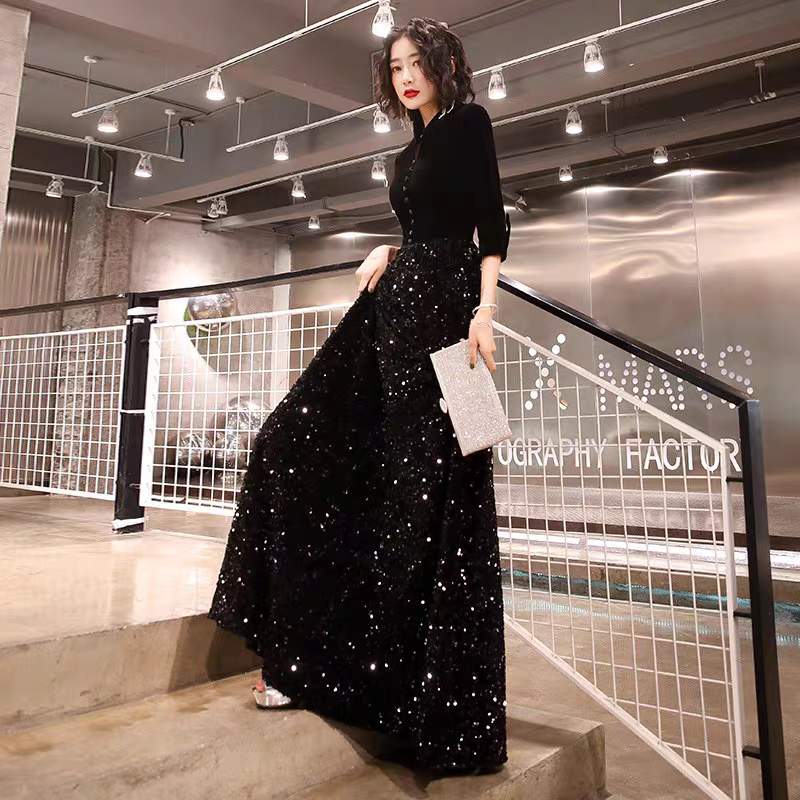 EG-SALE-AME-00155 French black evening dress for women new style high-end banquet temperament long dress host sequin performance competition