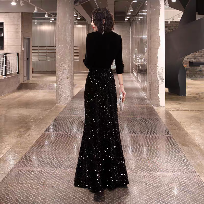 EG-SALE-AME-00155 French black evening dress for women new style high-end banquet temperament long dress host sequin performance competition