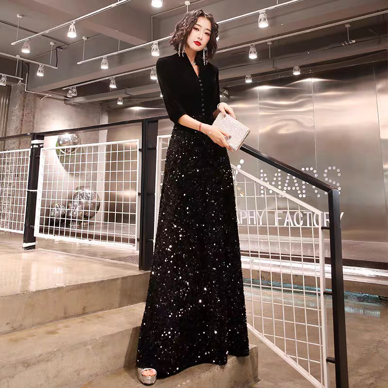 EG-SALE-AME-00155 French black evening dress for women new style high-end banquet temperament long dress host sequin performance competition