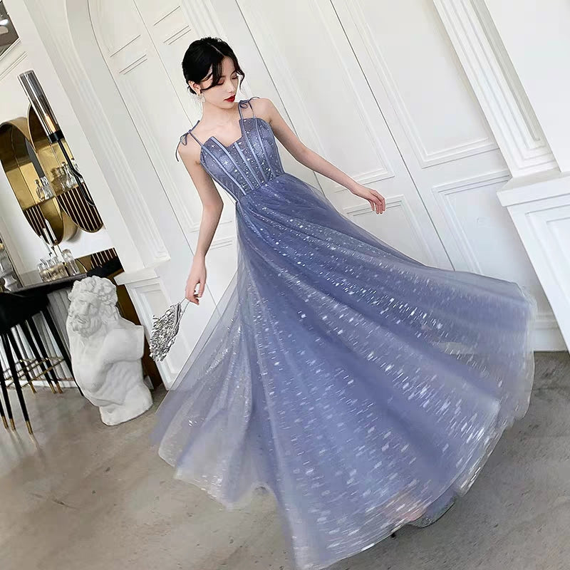 Banquet evening dress new temperament blue sling long starry sky dream party dress dress female
