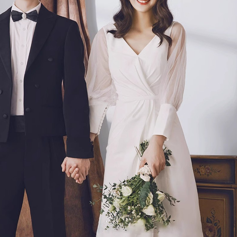 BG-WED-AME-10067 New European style temperament V-neck long sleeve backless slim sexy fashion outdoor wedding dress bride church ceremony dress