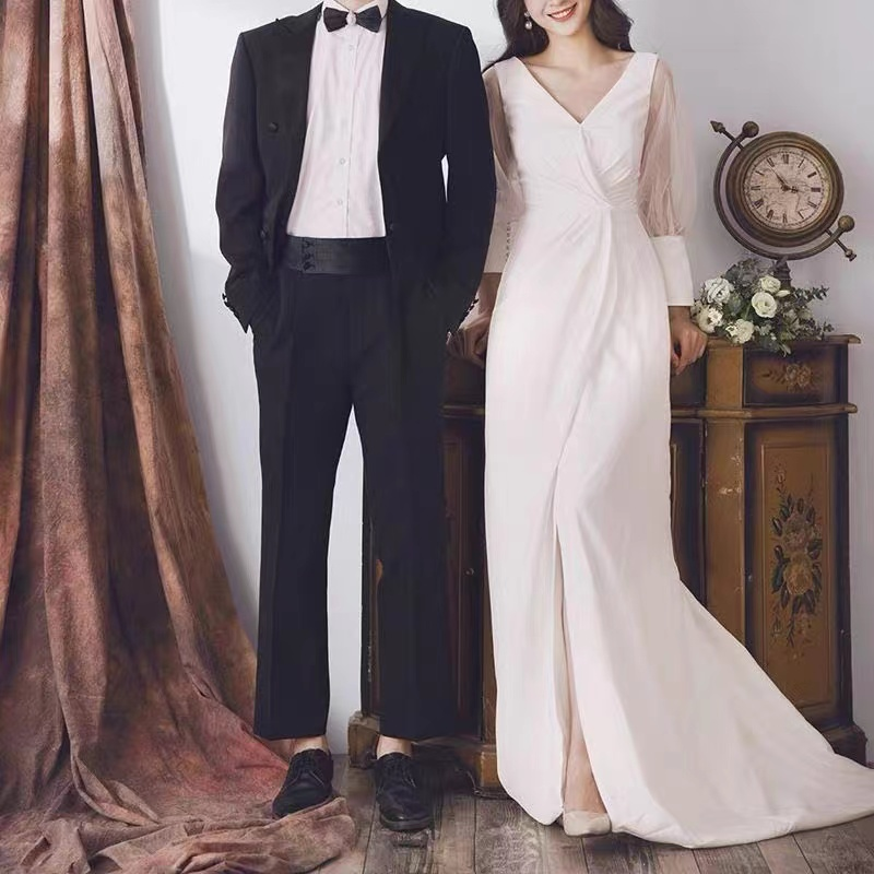 BG-WED-AME-10067 New European style temperament V-neck long sleeve backless slim sexy fashion outdoor wedding dress bride church ceremony dress