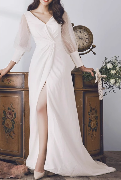 BG-WED-AME-10067 New European style temperament V-neck long sleeve backless slim sexy fashion outdoor wedding dress bride church ceremony dress